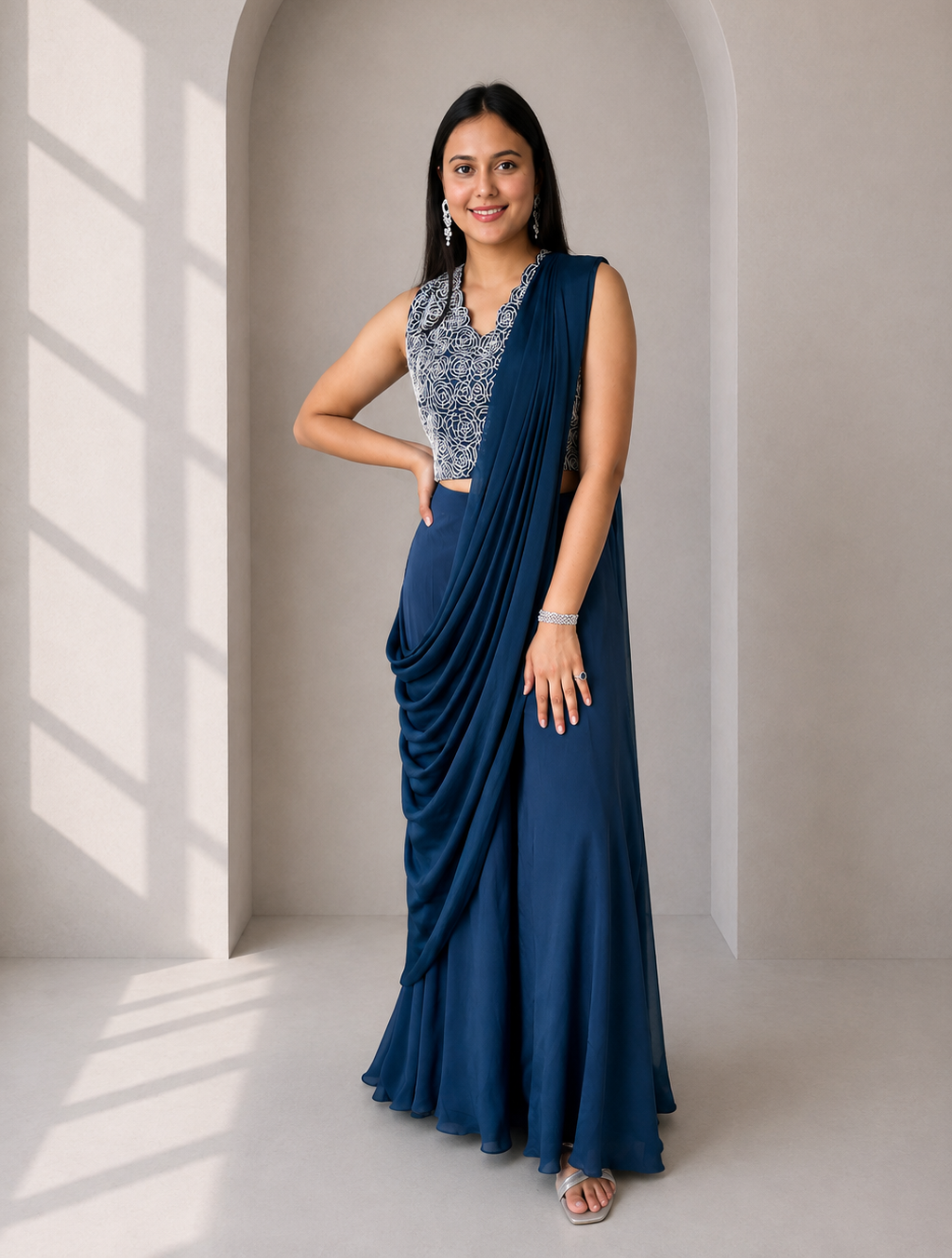 Tifanny Teal Blue Embroidered Fusion Set