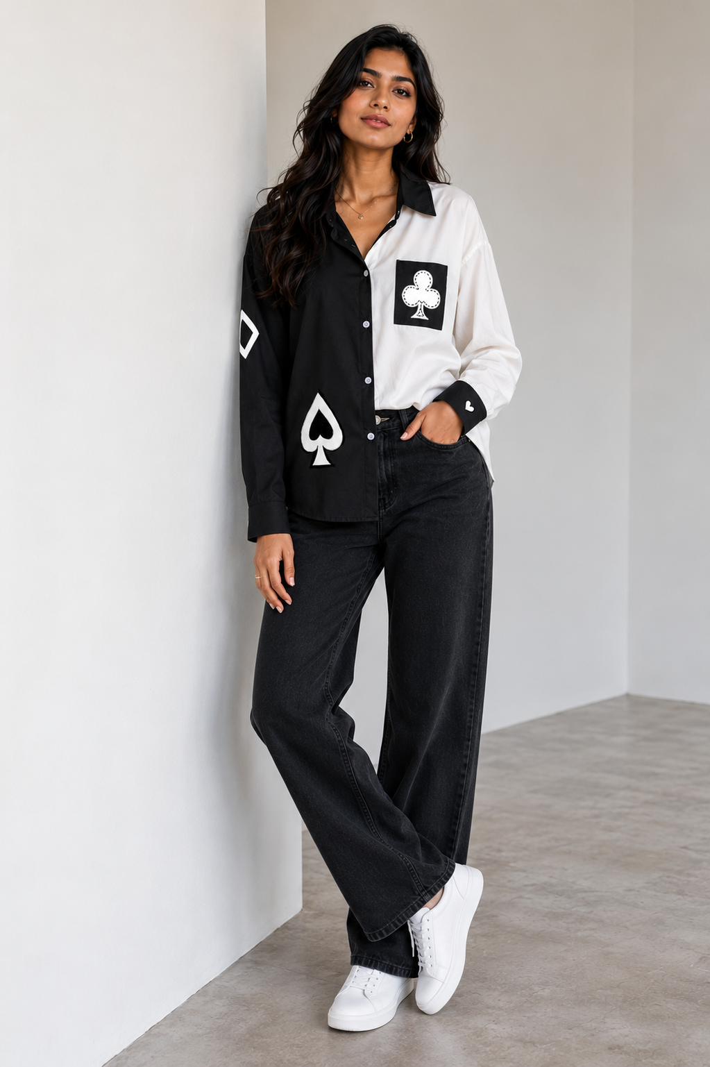 White Cotton Hand-Embroidered Poker Shirt