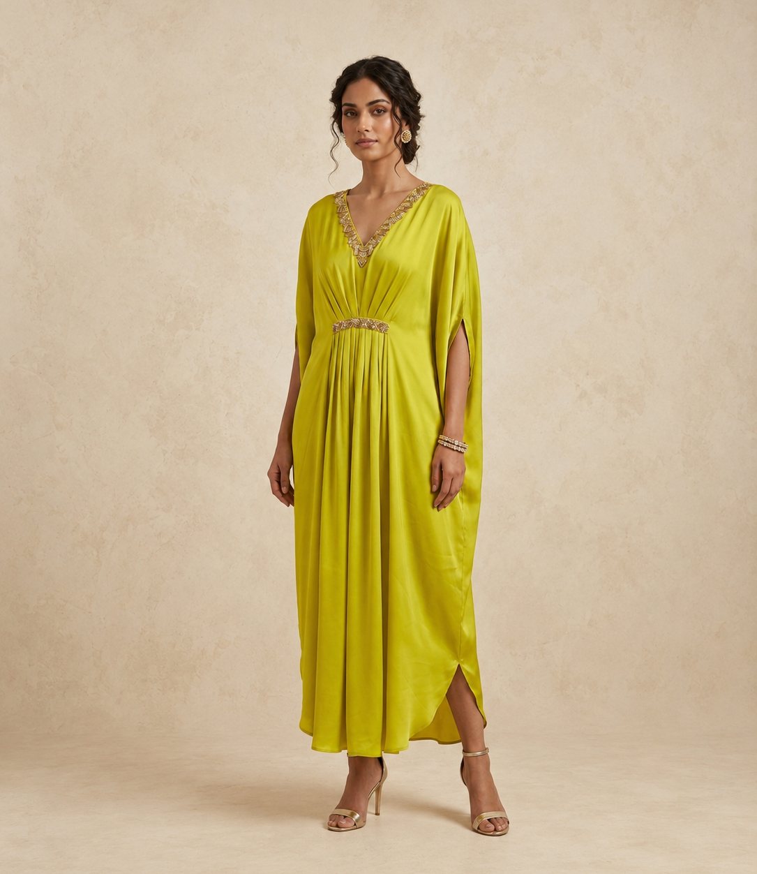Citrus Green Satin Kaftan Dress