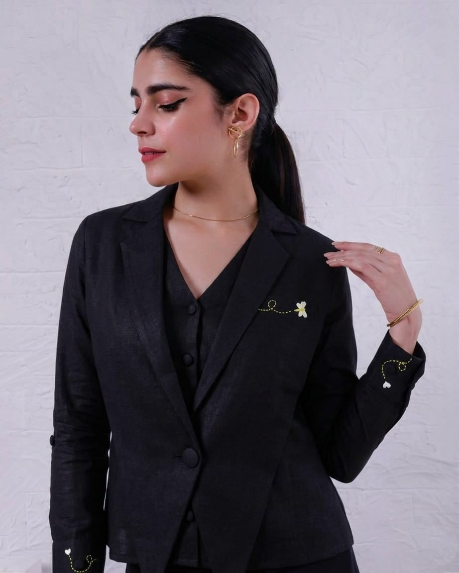 Vest Black Cotton Linen Embroidered Blazer Shirt