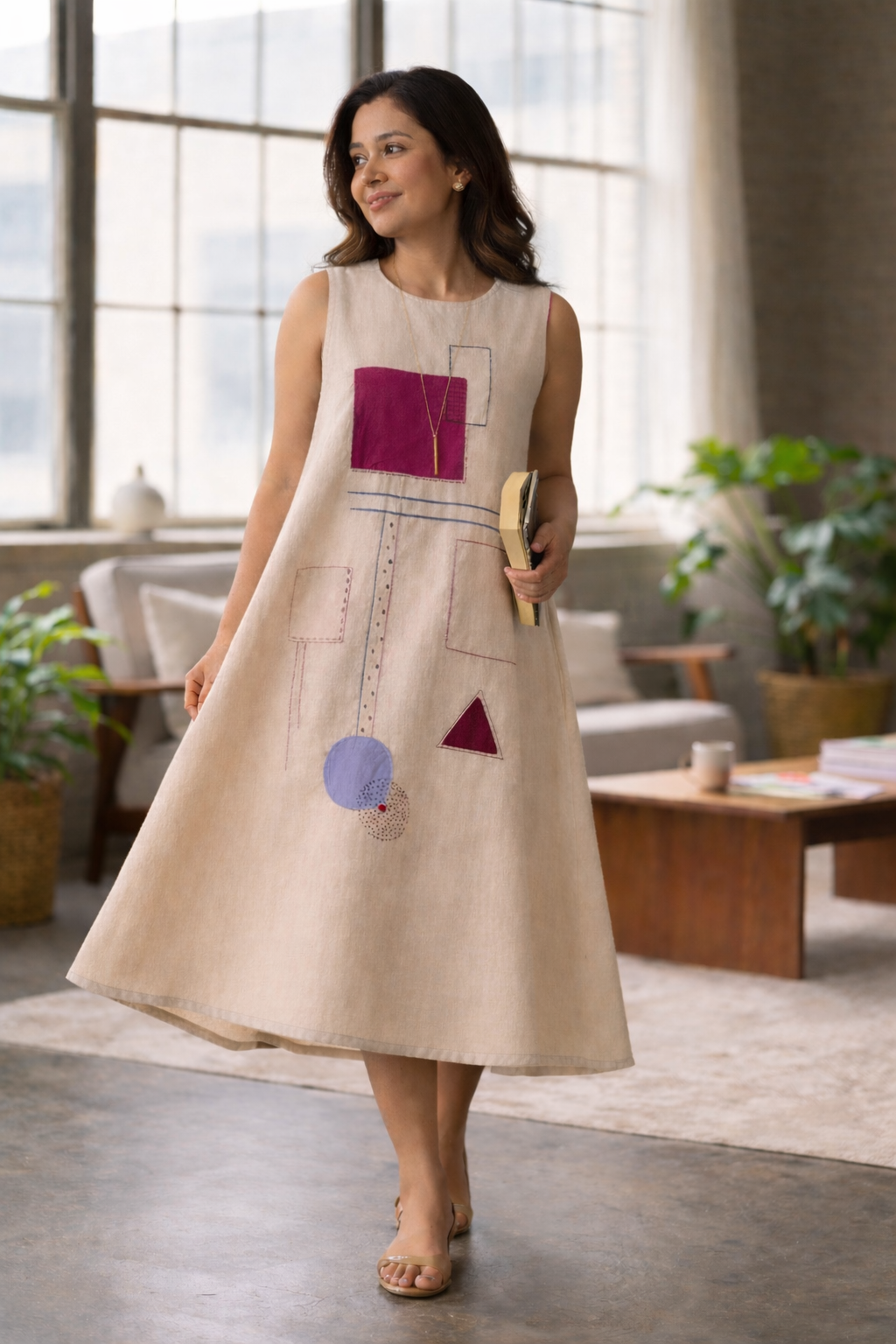 Geo Muse Beige Cotton Hand-Embroidered Midi Dress
