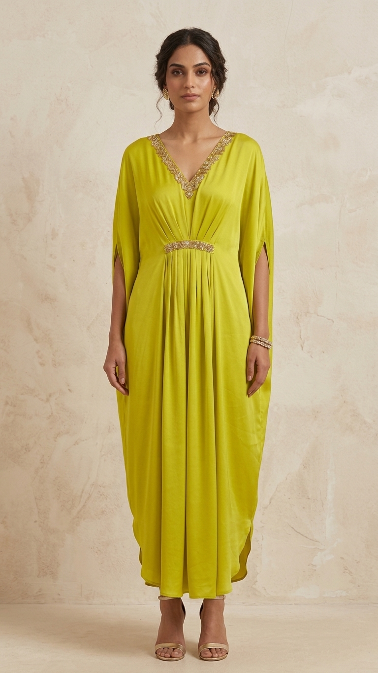 Citrus Green Satin Kaftan Dress