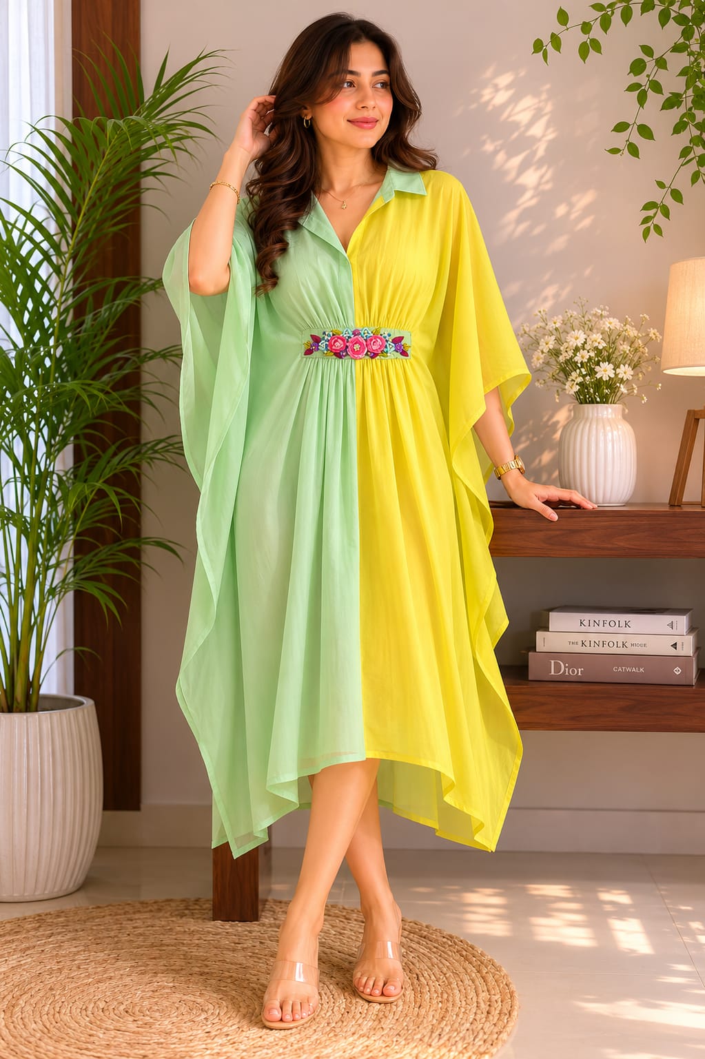 Lime Sorbet Hand Embroidered Mul Kaftan
